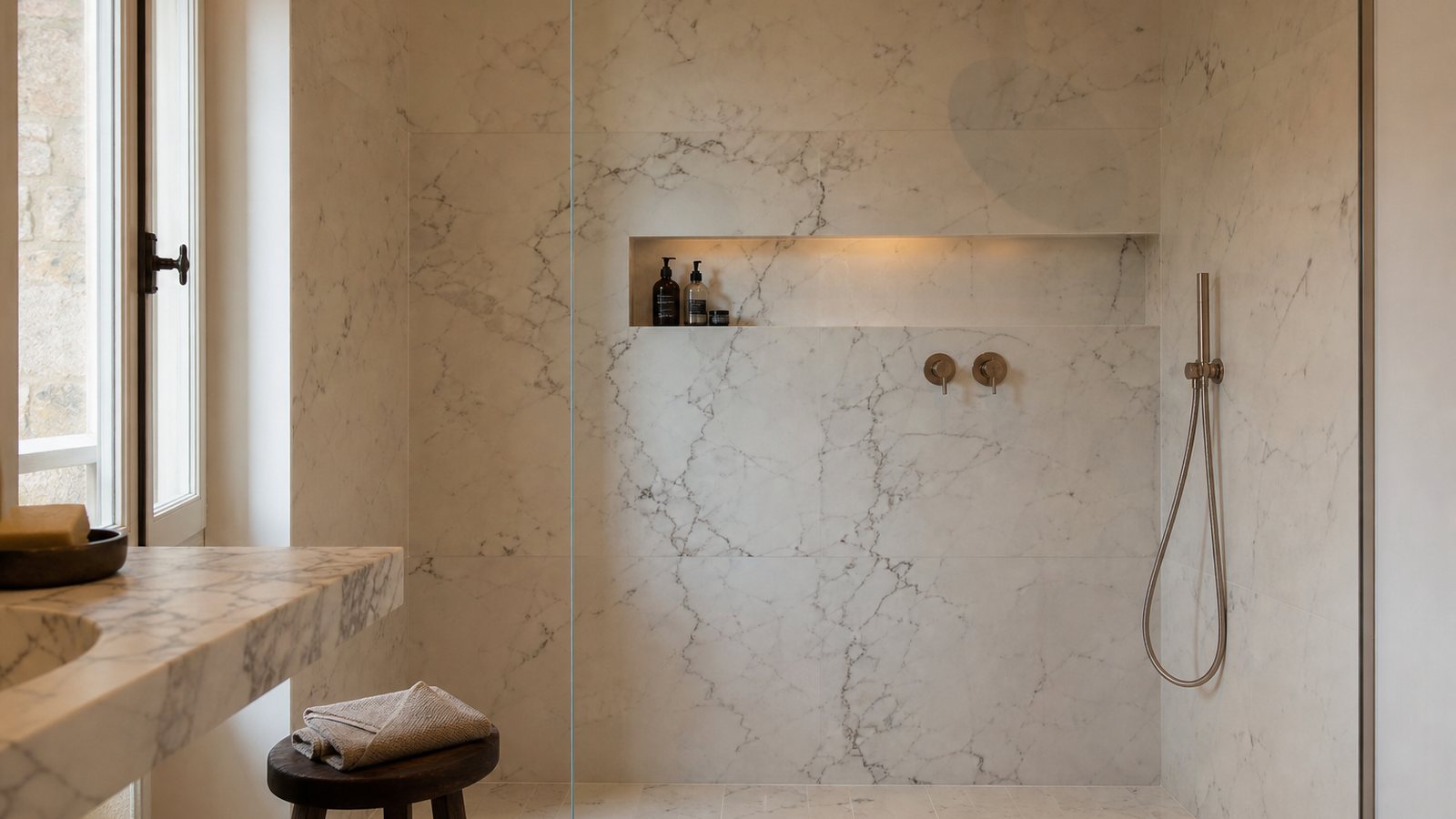 Petite salle de bain haut de gamme avec douche de plain-pied, meuble suspendu et grand miroir