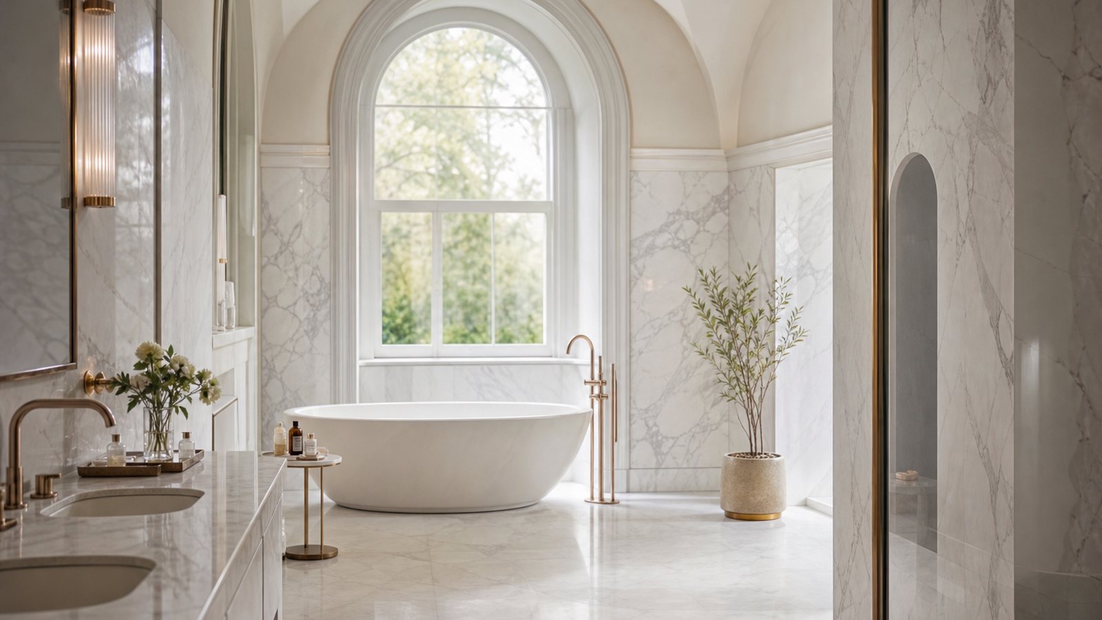 Salle de bain haut de gamme baignée de lumière douce, marbre et baignoire îlot dans une ambiance de spa