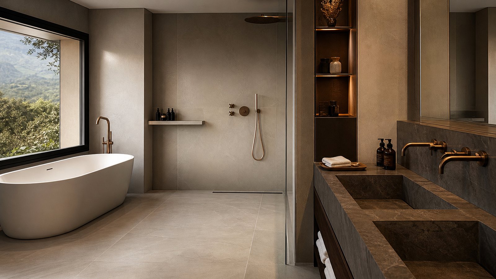 Salle de bain haut de gamme au sol chauffant avec commandes discrètes et sèche-serviettes intégré