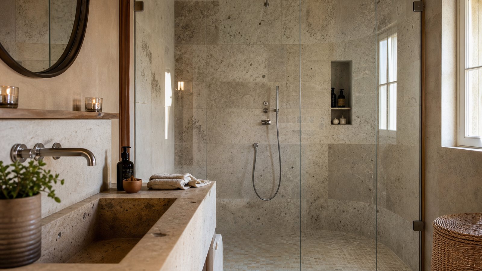 Douche à l'italienne de plain-pied en pierre avec paroi de verre et pluie encastrée