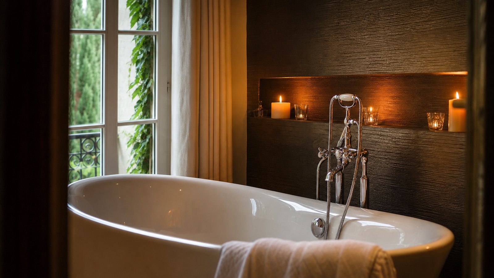Salle de bain de luxe éclairée le soir par des lumières chaudes et indirectes près de la baignoire