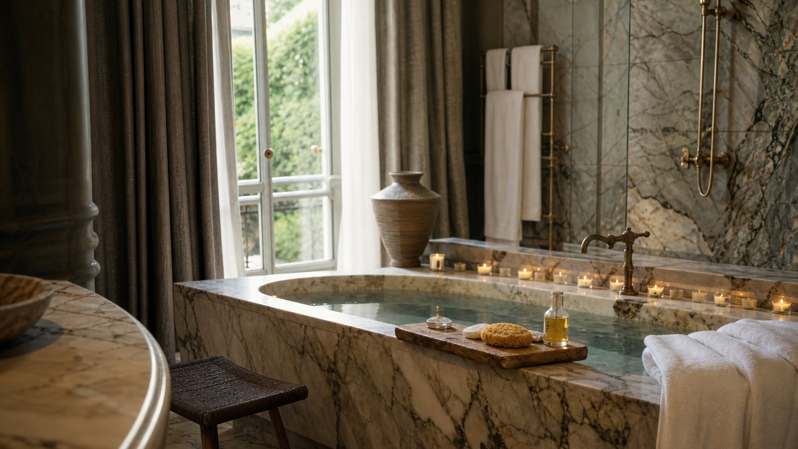 Plan en marbre, robinetterie en laiton et bois massif composant une salle de bain de luxe durable