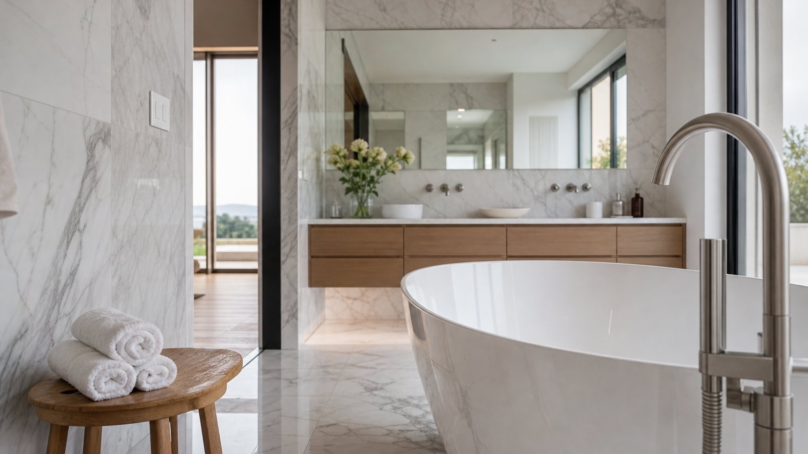 Plans et échantillons de pierre d'un projet de salle de bain haut de gamme sur mesure chiffré