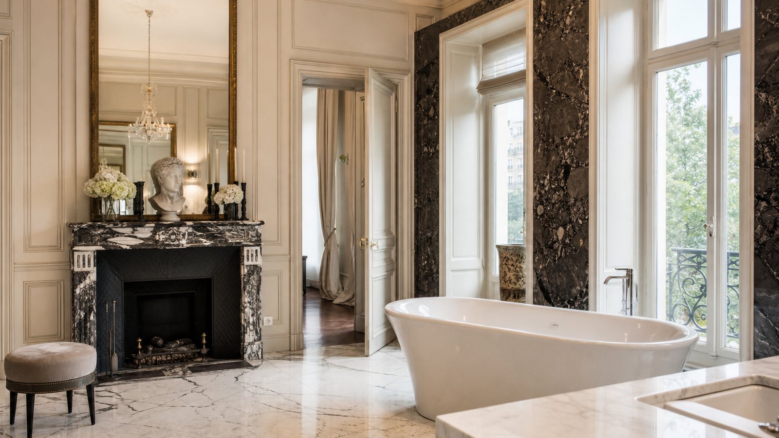 Salle de bain haut de gamme en marbre avec baignoire îlot